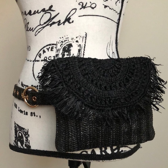NWT INC Black Straw Fringe Purse Bag Belt - Picture 2 of 7